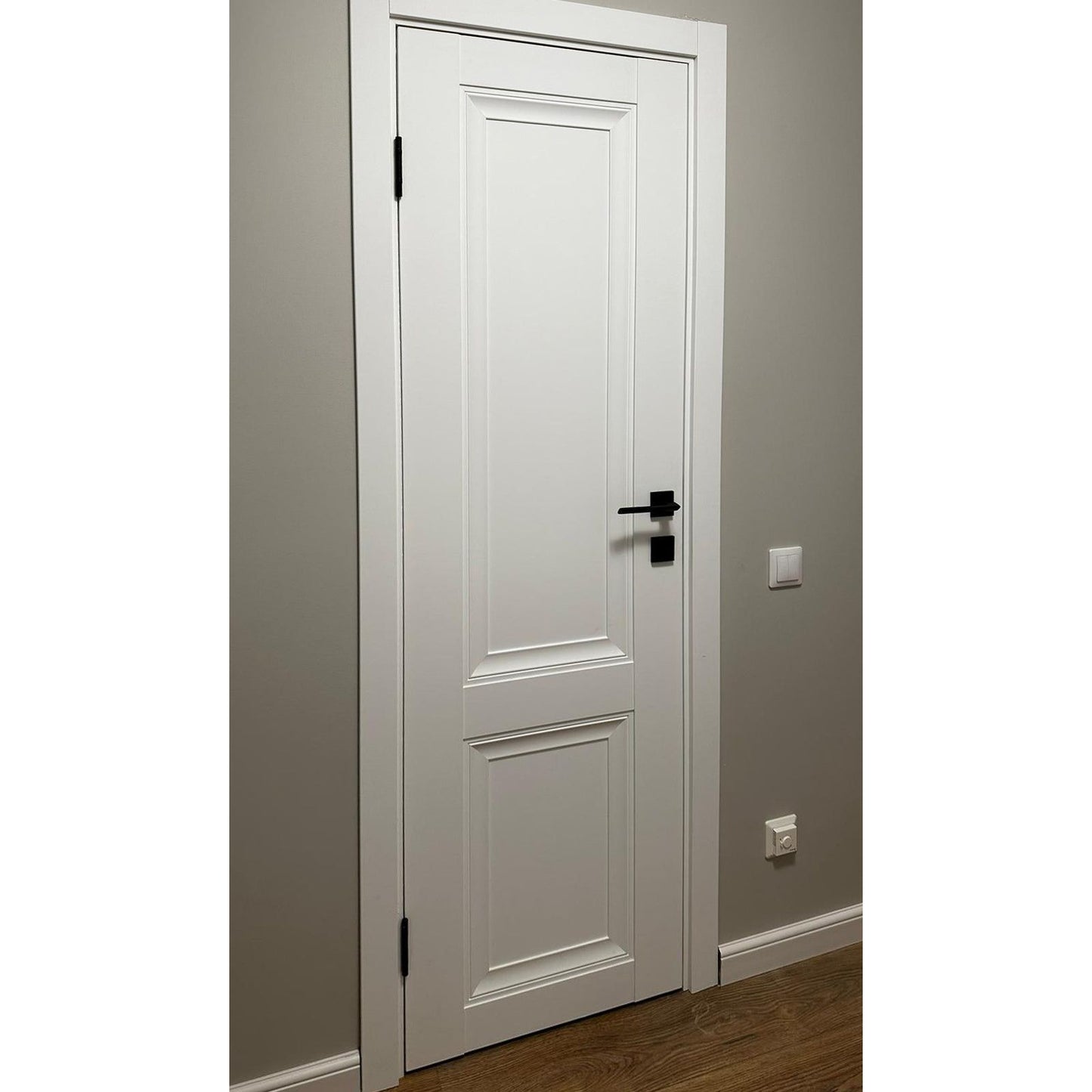 Durvis "PRESTIGE" balts matēts, ar melnu furnitūru
